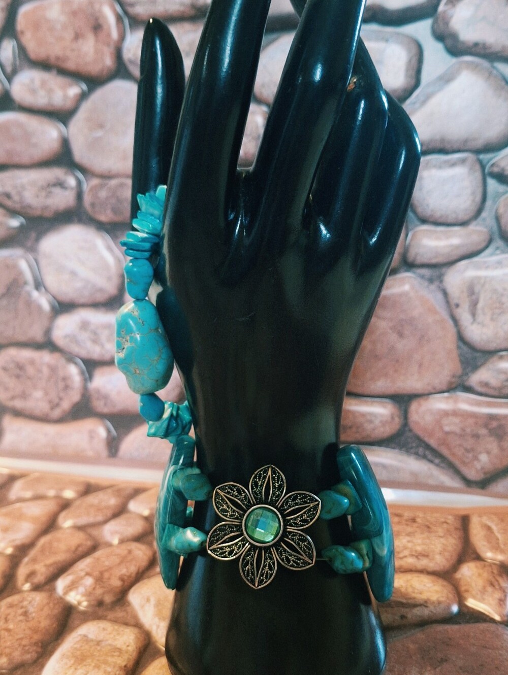 2 Turquoise Stone Flower Bracelets